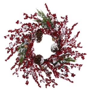 24 in. Frosted Cypress Artificial Wreath with Berries and Pine Cones