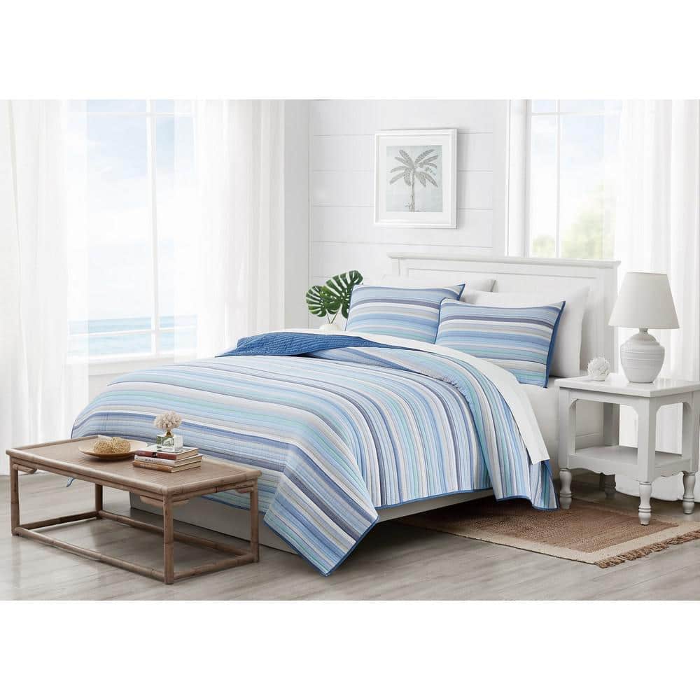 Blue and White Cotton Twin Quilt Set with Striped Design