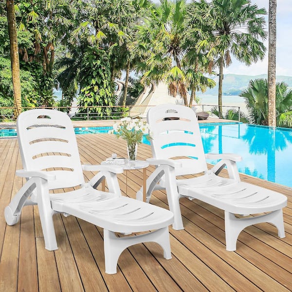 White 2-Piece Plastic Folding Outdoor Chaise Lounge Chair 5-Position Adjustable Recliner
