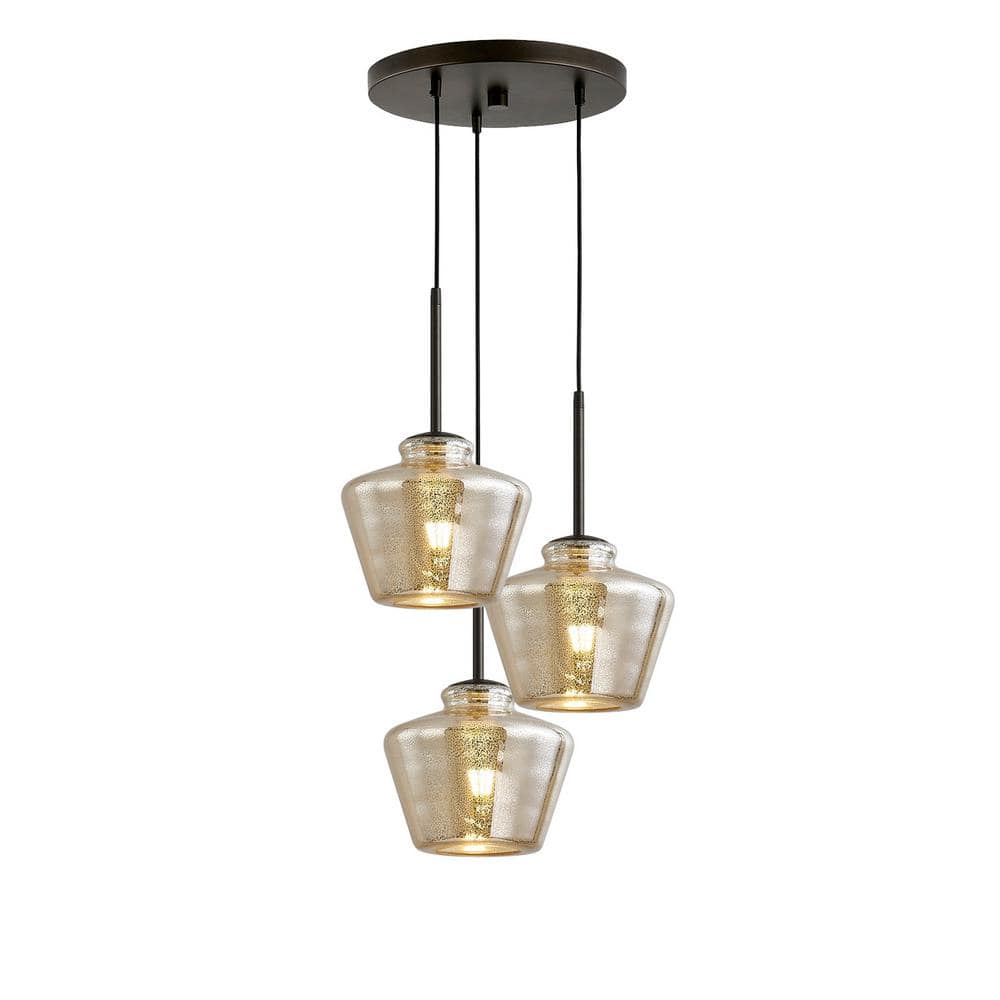 HomeGlam Midtown 3Lights Dark Bronze Pendant Light with Mercury Glass Shades HG8533PL3DB