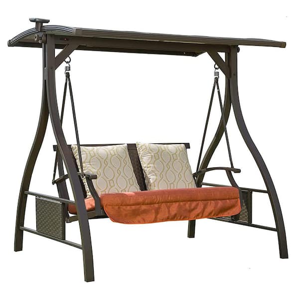 Deluxe 2-Person Metal Patio Swing with Adjustable Canopy, Solar LED Light and 2 Sunbrella Cushions