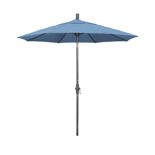California Umbrella 7.5 ft. Hammertone Grey Aluminum Market Patio Umbrella Collar Tilt Crank Lift in Air Blue Sunbrella