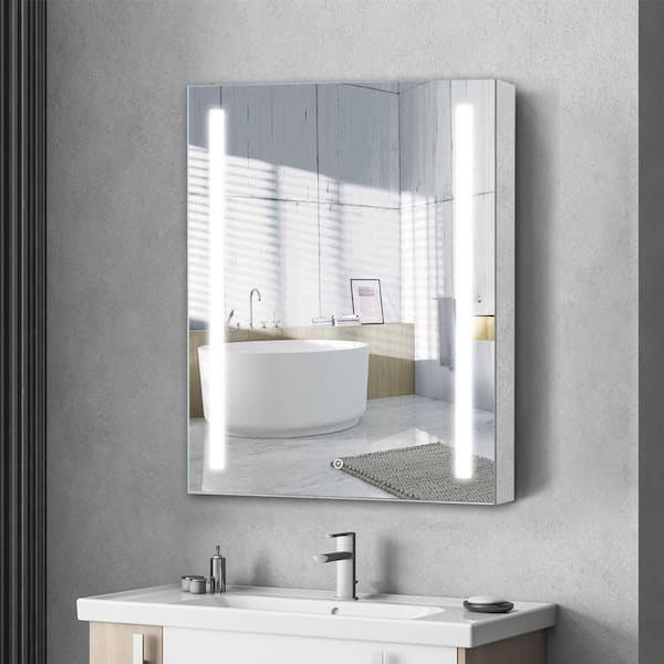UKISHIRO 24 in. W x 30 in. H Silver Aluminum Frameless Surface Mount Soft Close Medicine Cabinet with Mirror and LED Lighting