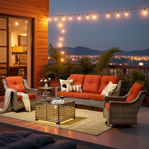 Petal 5 Pieces Wicker Patio Conversation Seating Sofa Set with Orange Red Cushions