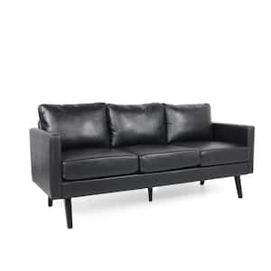 Carey 74 in 3-Seat Square Arm Faux Leather Straight Cognac Brown Black Sofa