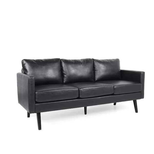 Noble House Carey 74 in 3-Seat Square Arm Faux Leather Straight Cognac Brown Black Sofa