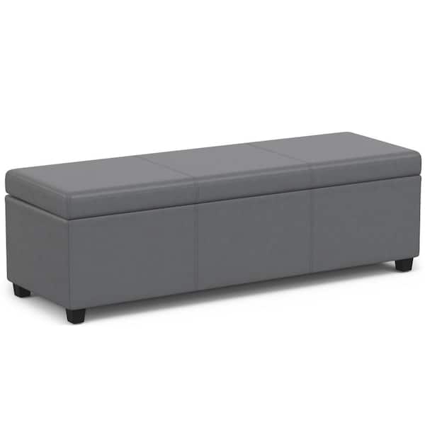 Simpli Home Avalon 54 in. Wide Contemporary Rectangle Extra Large Storage Ottoman Bench in Stone Grey PU faux leather, Assembled