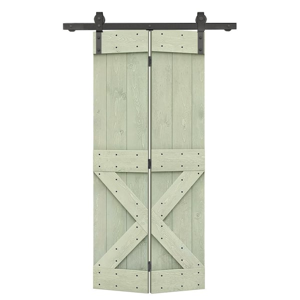 CALHOME 20 in. x 84 in. Mini x Series Solid Core Sage Green Stained DIY Wood Bi-Fold Barn Door with Sliding Hardware Kit