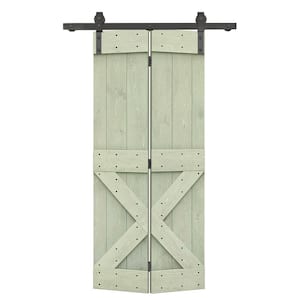 28 in. x 84 in. Mini X Series Sage Green-Stained DIY Wood Bi-Fold Barn Door with Sliding Hardware Kit