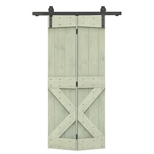 34 in. x 84 in. Mini X Series Sage Green Stained DIY Wood Bi-Fold Barn Door with Sliding Hardware Kit