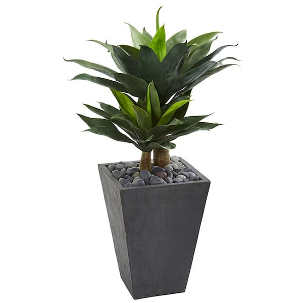 Nearly Natural 37 in. Double Agave Succulent Artificial Plant in Slate Planter