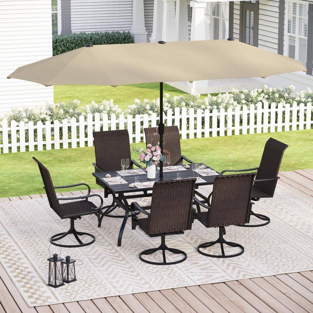 PHI VILLA Black 8Piece Metal Patio Outdoor Dining Set with Umbrella