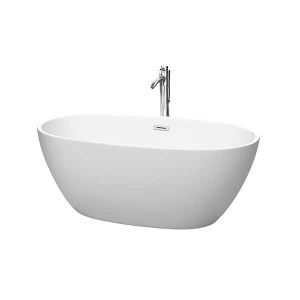 Wyndham Collection Juno 59 in. Acrylic Flatbottom Bathtub in Matte White with Polished Chrome Trim and Floor Mounted Faucet