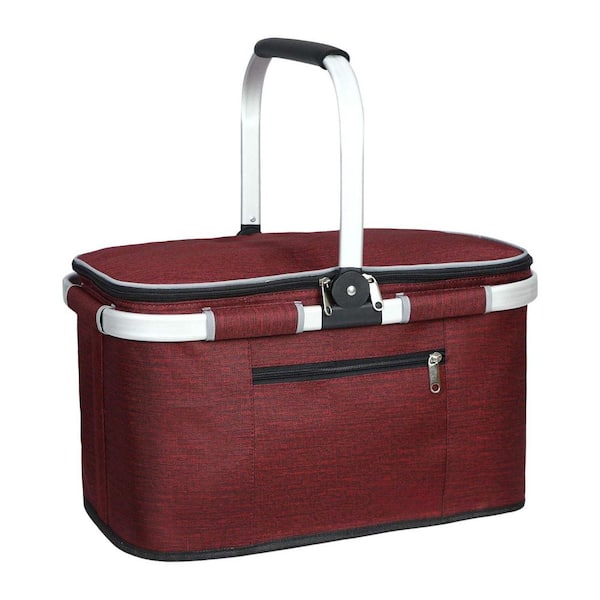 Wine Red 35 L Large Picnic Basket 2 Layers of Internal Pockets Leak-Proof and Insulated, Folding with Internal Support