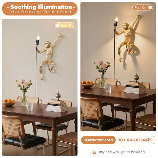 Monkey Wall Lamp – Resin Retro Animal Decorative Light For Living Room, Bedroom, Kids Room, Office – E26, 5.91ft Cord, Adjustable Tail (Gold)