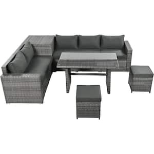 6-Piece Grey PE Rattan Metal Steel Adjustable Outdoor Sectional Sofa Set with Grey Cushions, Tempered Glass Top Table