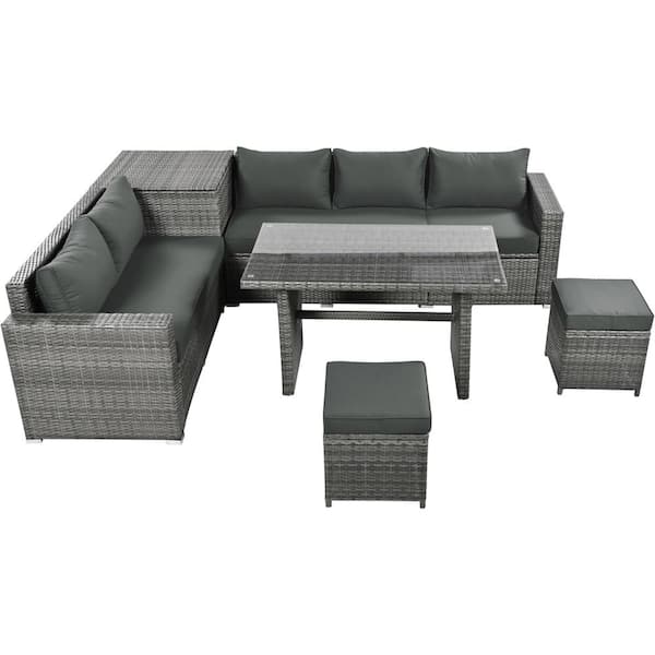 Zeus & Ruta 6-Piece Grey PE Rattan Metal Steel Adjustable Outdoor Sectional Sofa Set with Grey Cushions, Tempered Glass Top Table