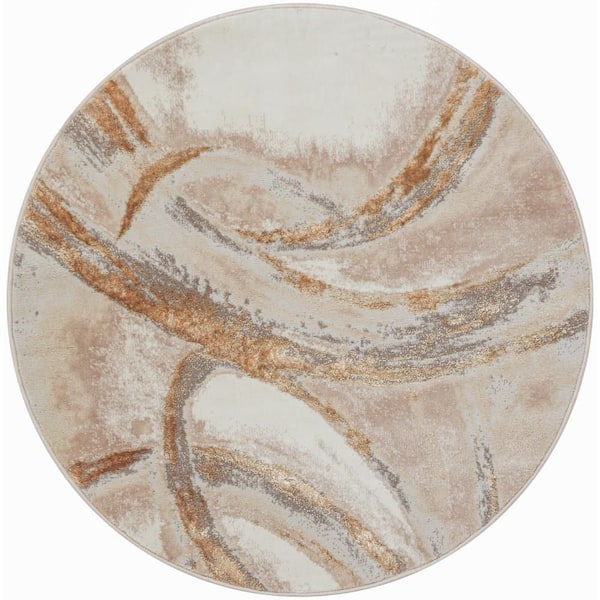 Splash Beige Grey 4' Round ft. Brushstroke Contemporary Area Rug