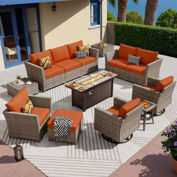 Retro 13-Pieces Wicker Outdoor Patio Rectangular Fire Pit Set and Swivel Rocking Chairs with Orange Red Cushions