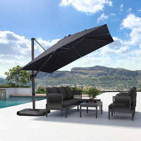 PURPLE LEAF 10 ft. Square Cantilever Patio Umbrella Swivel Aluminum Offset 360° Rotation Umbrella with Base, Gray