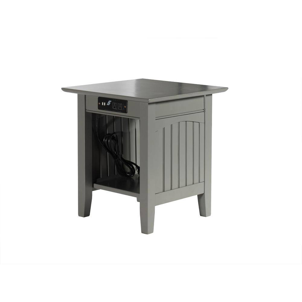 Gray Solid Wood End Table with Charging Station