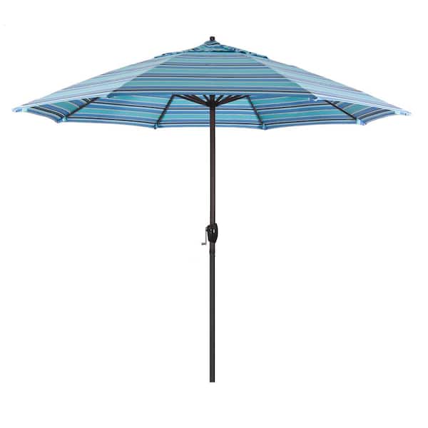 California Umbrella 9 ft. Bronze Aluminum Pole Market Aluminum Ribs Auto Tilt Crank Lift Patio Umbrella in Dolce Oasis Sunbrella