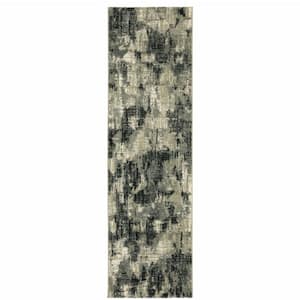 2' X 8' Grey Beige Charcoal And Blue Abstract Power Loom Stain Resistant Runner Rug