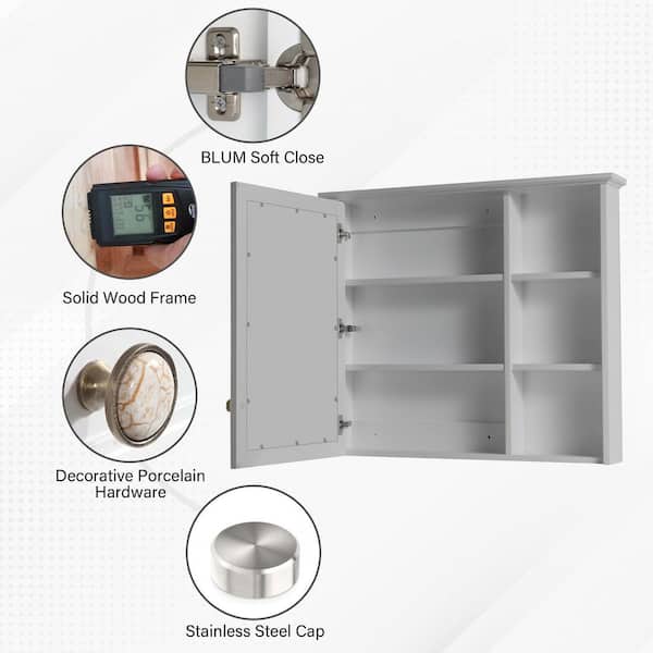 WELLFOR Solid Wood 34-in x 30-in Surface Mount Gray Mirrored Soft Close Medicine Cabinet