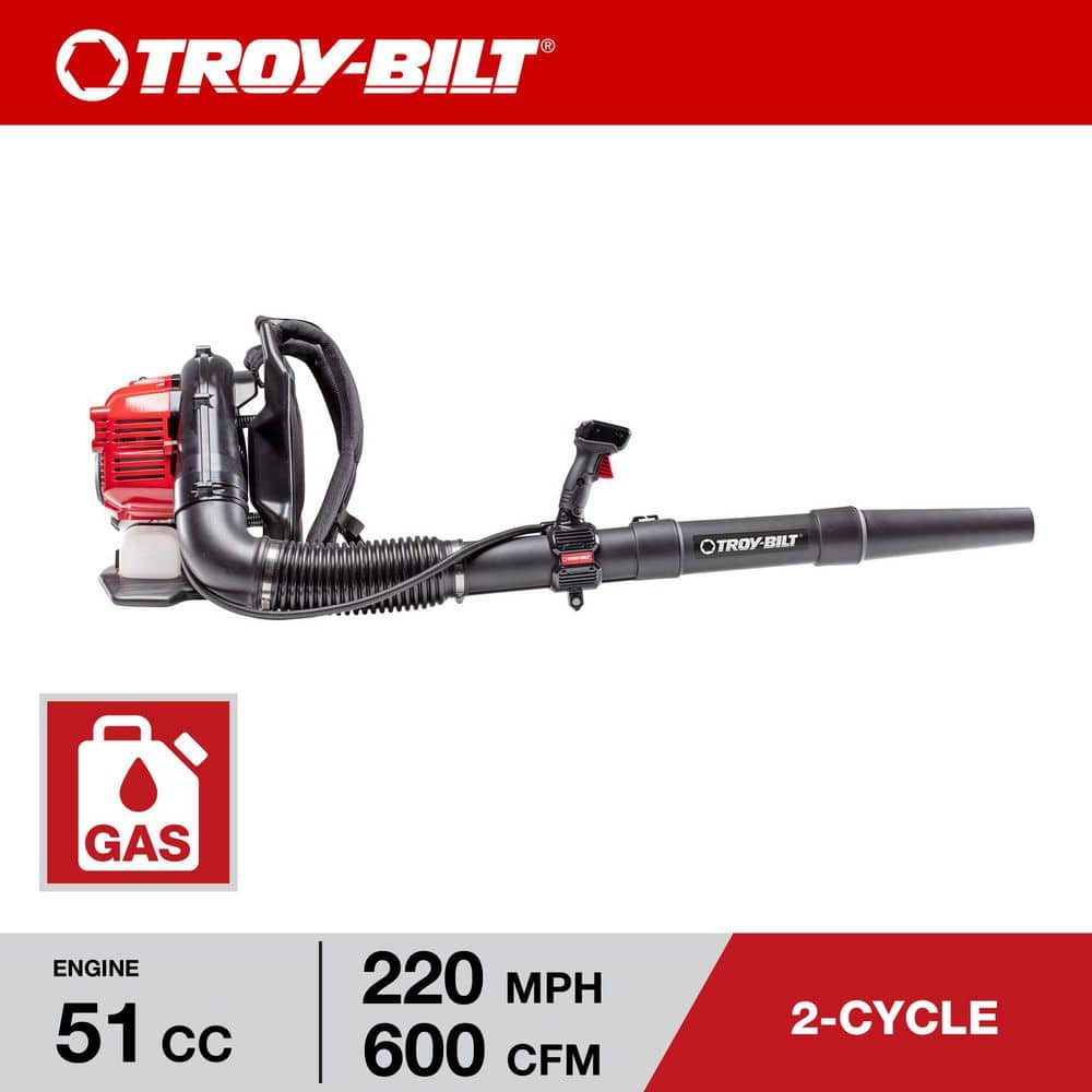 TROY-BILT 220 MPH 600 CFM 51 cc Full Crank 2-Cycle Gas Backpack Leaf Blower with Tube Mounted Controls (41AR51BP766)