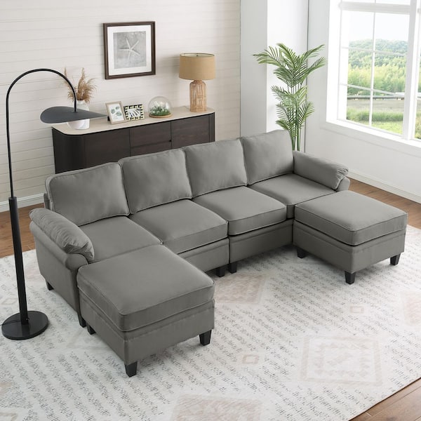 Wren 102.3 in. Pillow Top Arms 6-Piece Linen Blend Modular Storage Sectional Sofa with Storage Ottomans in. Dark Gray