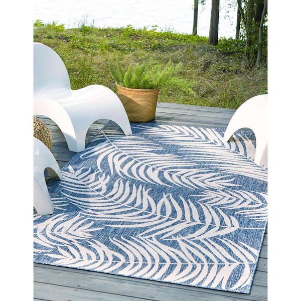 Outdoor Botanical Palm Blue 7 ft. 10 in. x 11 ft. 4 in. Area Rug