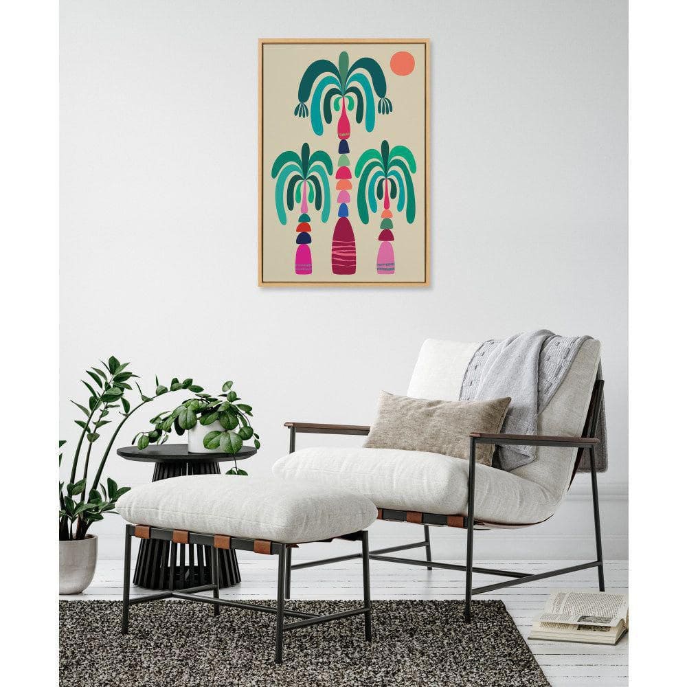 Colorful Mid-Century Palm Trees Print on Canvas in Natural Frame