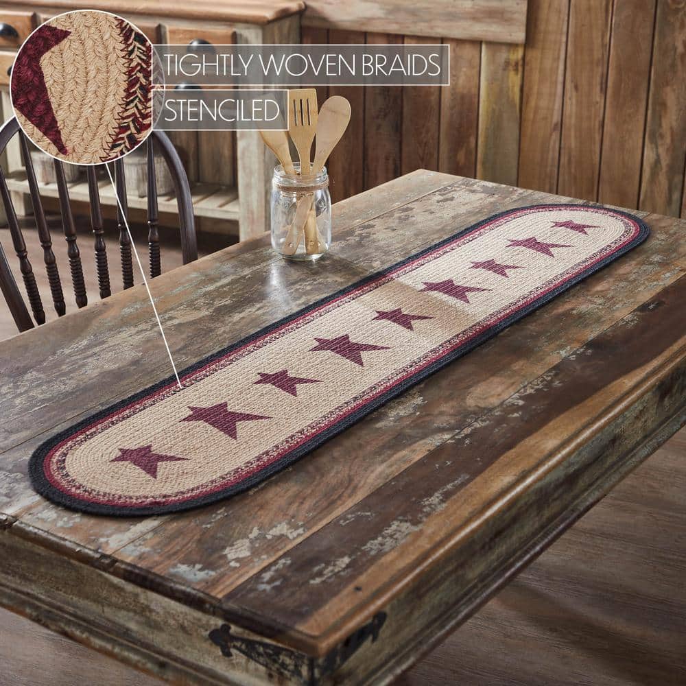 Rustic Patriotic Braided Cotton Table Runner with Stars, 12x60