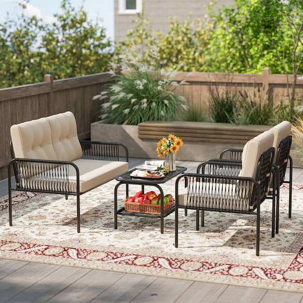 4-Piece Patio Conversation Set with Beige Cushions