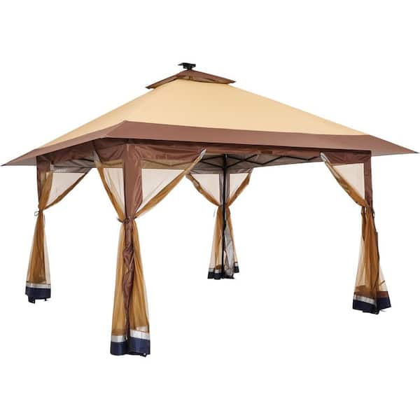 13 ft. x 13 ft. Khaki Pop Up Gazebo Canopy Tent with Solar LED Lights and Zippered Mosquito Netting