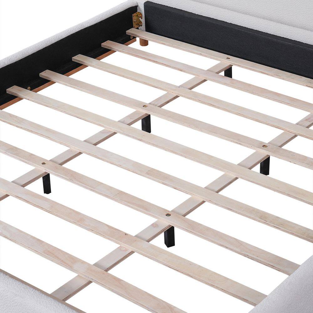 White Wood Frame King Size Soft Boucle Upholstered Platform Bed with Solid Rubber Wood Base and Legs - thumbnail 9