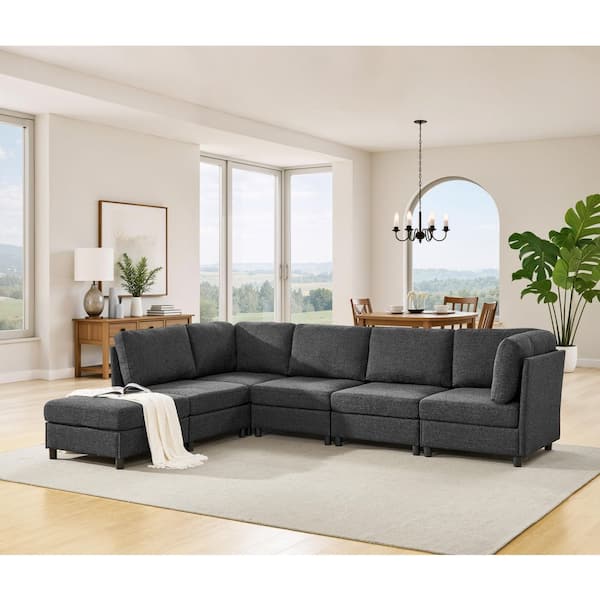 Igor 124 in. Fabric Upholstered Modular Sectional Sofa in Dark Gray with 2 Ottomans