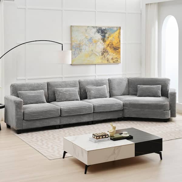 154 in. Corduroy Modular Rectangular Shaped Grey 4 Seat Sectional Sofa for Living Room and Spacious Space
