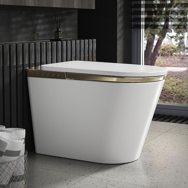 S-G Elongated Smart Bidet Toilet 1.34 GPF in Gold with Power Outage Flush, GFCI, Foot Control, Heated, Auto Open/Close