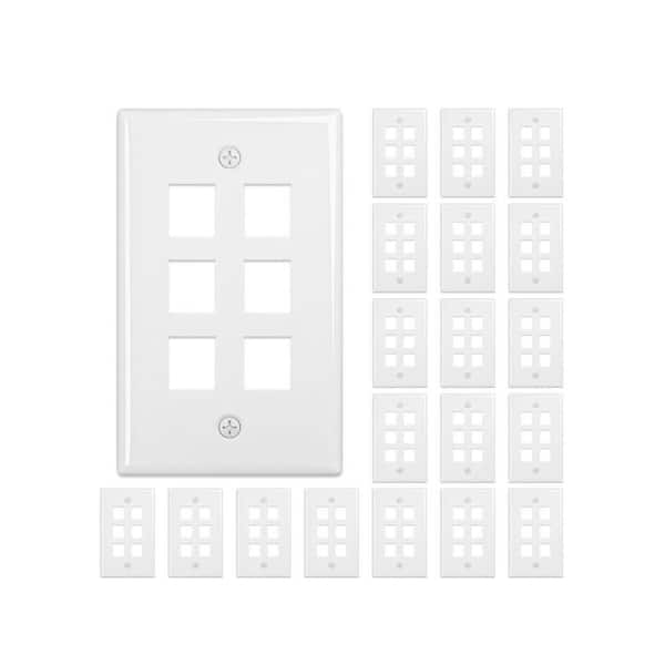 (20-Pack) 1-Gang White Duplex Outlet Plastic Wall Plate Standard 6-Port for RJ45/HDMI/Coax Inserts (FRT-815-6-20)
