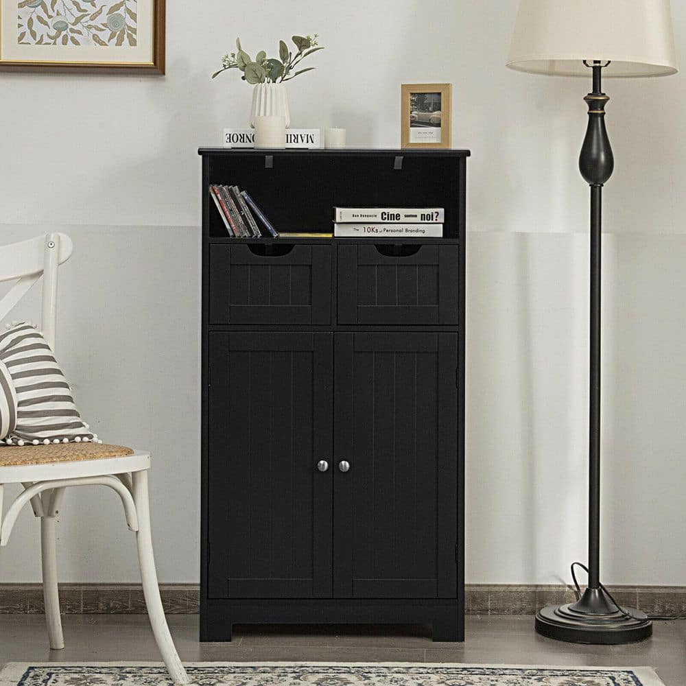 24 in. W x 12 in. D x 43 in. H Black Bathroom Wooden Side Linen Cabinet with Open Shelves, 2 Drawers and 2 Doors price history on PriceWatchPro
