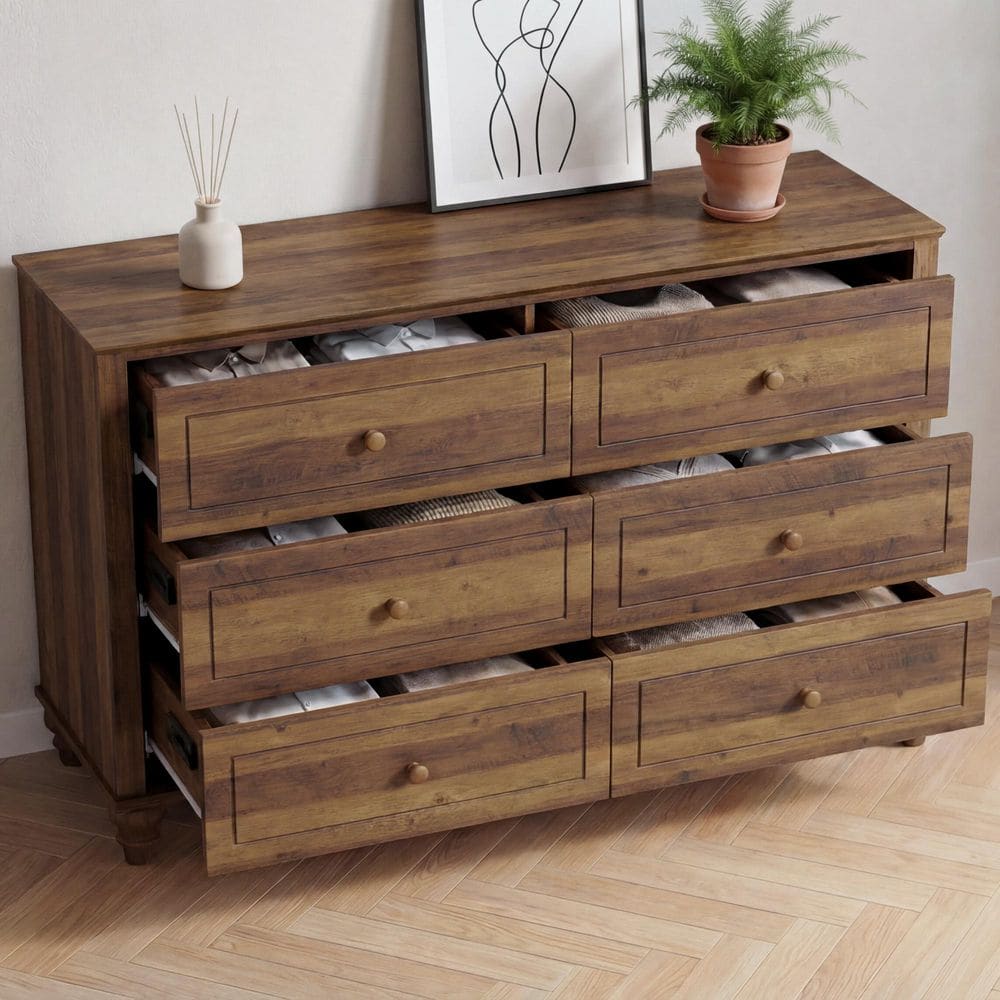 Myra Walnut 6 Drawer Wide Dresser with Anti-Tip, Solid Wood Legs Storage Chest for Bedroom Living Room Hallway