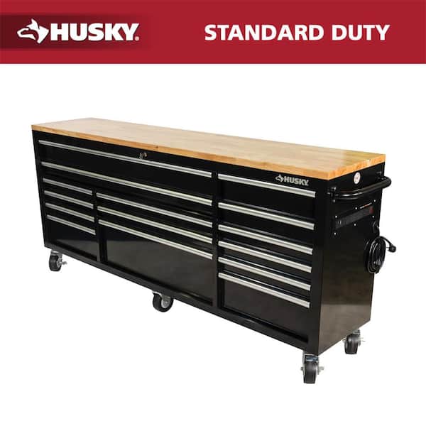 84 in. W 18 in. D 15-Drawer Mobile Workbench with Wood Top in Gloss Black