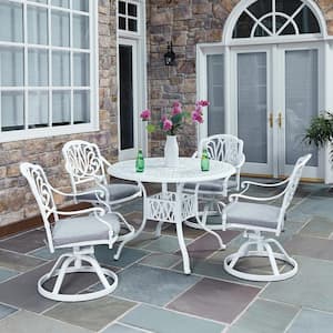 Capri White 5-Piece Cast Aluminum Round Outdoor Dining Set with Gray Cushions