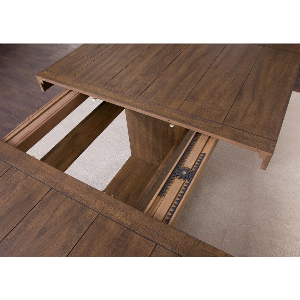 Caramel Wood 7-Piece Trestle Dining Set with Beige Upholstered Chairs