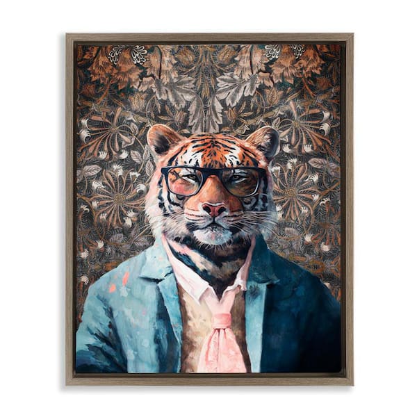 Stupell Industries Stylish Tiger in Glasses by Svetlana Aleynikova Brown Floater Frame Animal Graphic Art Print 21 in. x 17 in.