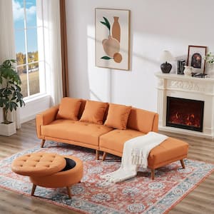 107 in W Square Arm Faux Leather Rectangle Sofa in. Orange with Round Button-Tufted Storage Ottoman, 3 Removable Pillows