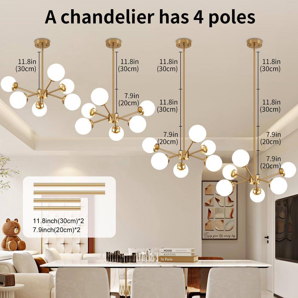 Adjustable Brass Sputnik Chandelier with Milk Glass Shades
