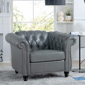 38.98 in. Rolled Arm Rectangle Faux Leather Nailhead Trim and Button Tufted 1 Seat Sofa Accent Chair in Gray
