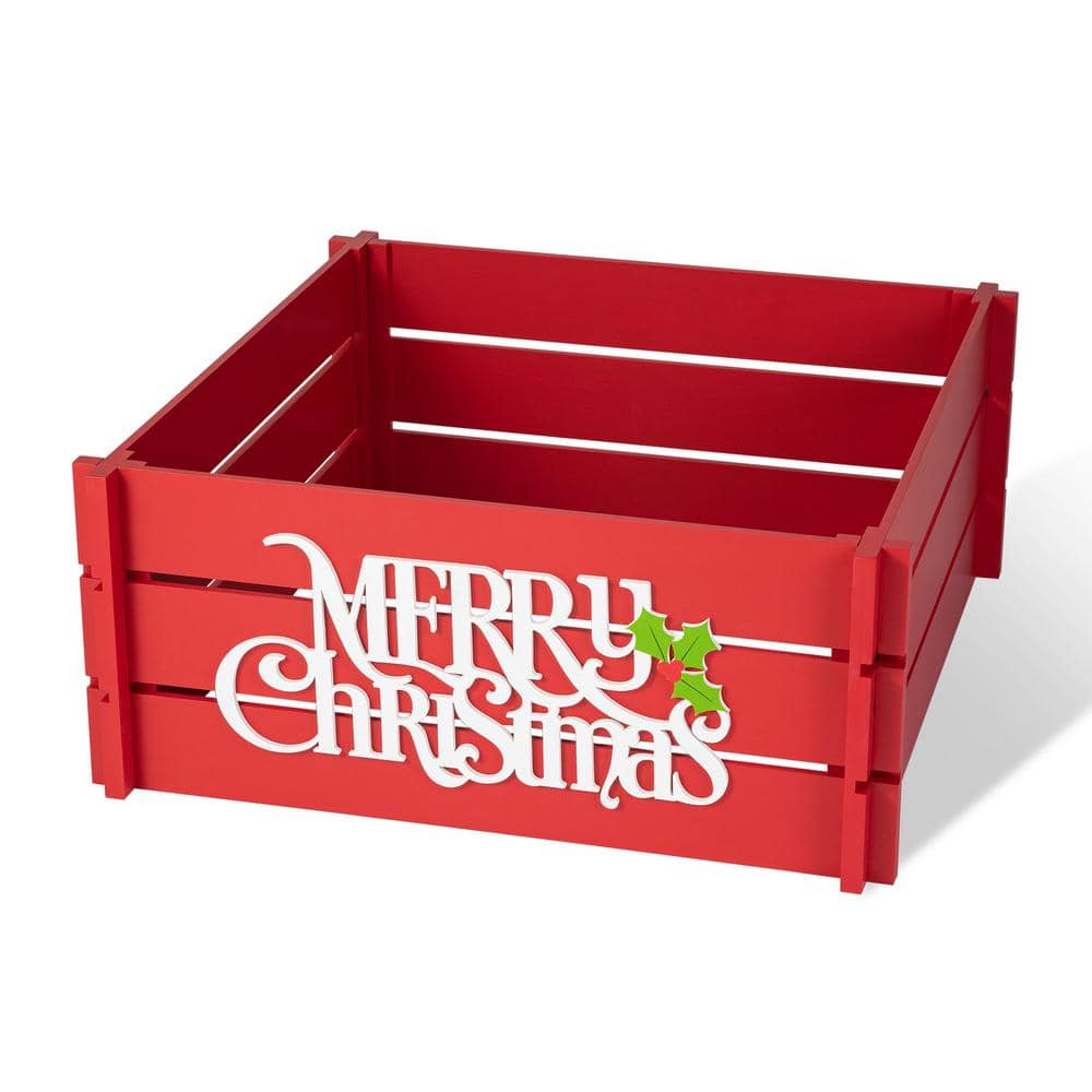 Glitzhome 27 in. L Red "MERRY CHRISTMAS" Wooden Crate Tree Collar